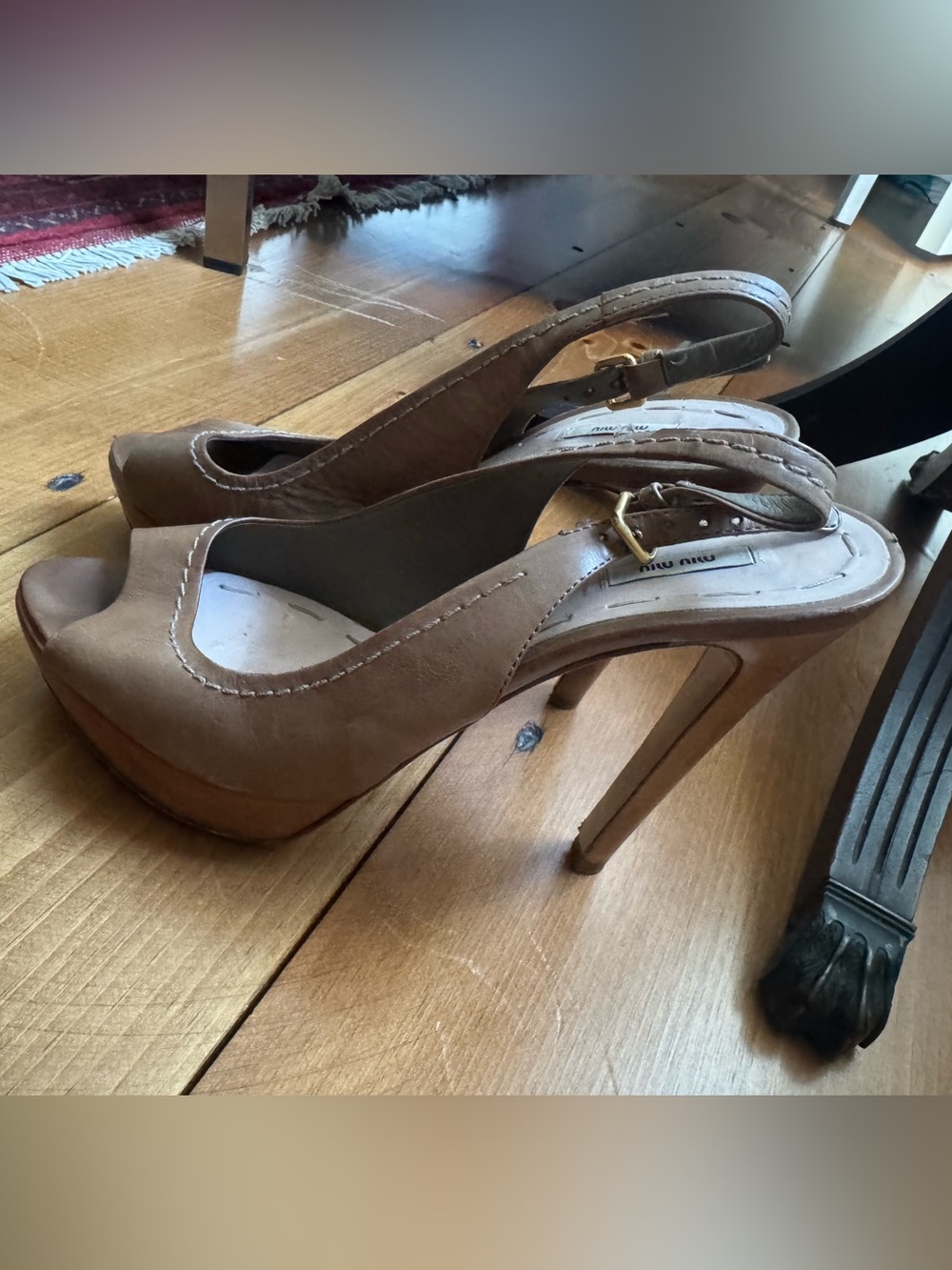 Miu Miu Brown Leather Peep Toe Platform Slingback Heels 39.5